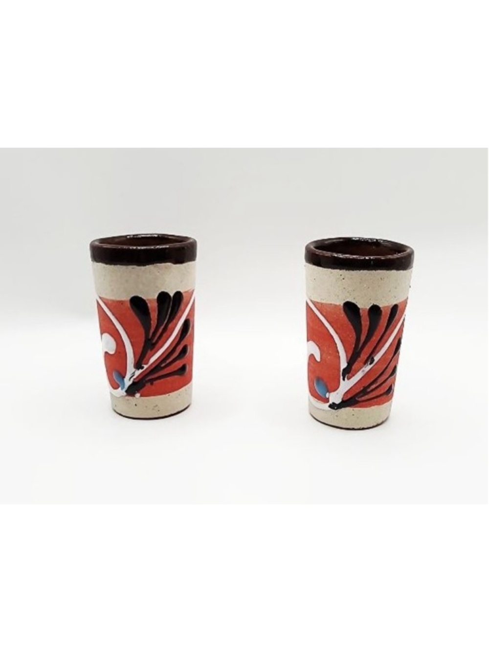 Handmade Mezcal Mexican Ceramic Clay Red Brown Tequila Shot Glasses Set of 2